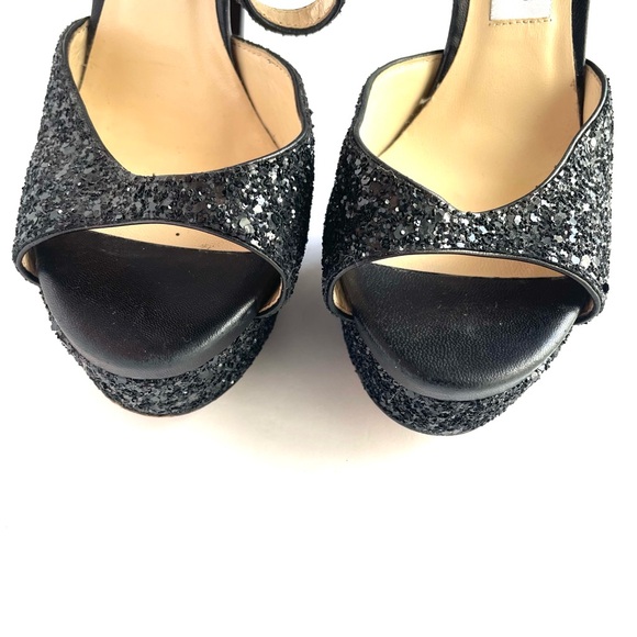 JIMMY CHOO‎ Jenna 150 Platform Stiletto Heels EU 37.5 BLACK GLITTER Ankle Strap - Picture 5 of 8